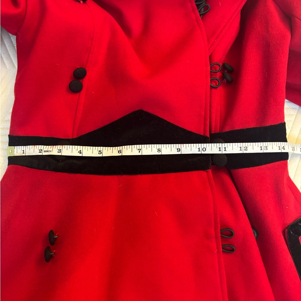 Hell Bunny Sophia Red Fit-and-Flare Pea Coat with Black Trim - Picture 11 of 12